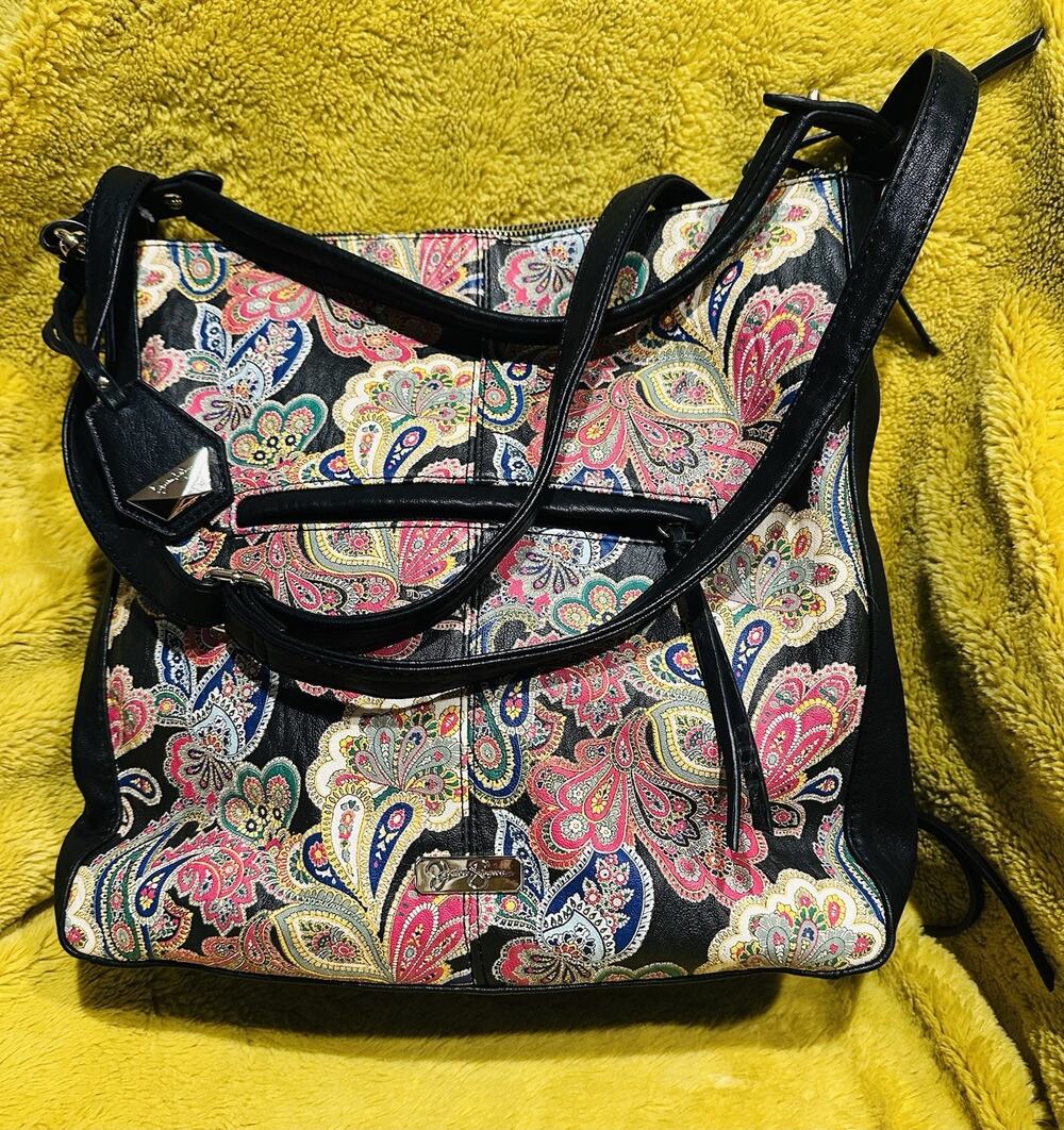 Jessica Simpson Convertible Baylinn Hobo Handbag Black Paisley Shoulder Bag Chic